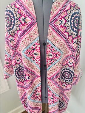 Chico’s Size 2 / L Pink Blue Reversible Mykonos Medallion Cardigan Kimono Resort